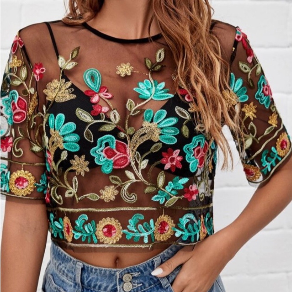 Floral Embroidered Sheer Black Top Size XS